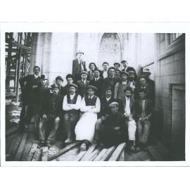 Construction, Mar[r] & McLeod plasterers working on building George Callister 2nd front row, 2nd from right