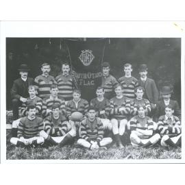 Rugby Football Team, Banner Winners 1909    "Front: J. McAuley, J. Penman, H. Murphy, J. Mills, T. Sharp. Sitting: W. Hughes, J.