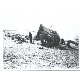 Lake Forsyth:   Outlet 1958 Eeling Season   "Local Maori Filleting & hanging tuna caught in the owa at the outlet."