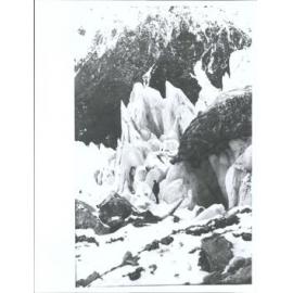 Fox Glacier, Monster.   "The boulder on the ice behind figure has the outline of a monster animal with mouth open advancing towa