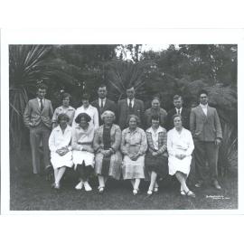 Waiho Gorge  1930 Guides &  Staff at Glacier Hotel, Waiho Gorge. L-R Standing: Chris Pope, -, -, Peter Graham, Alex Graham, Doll