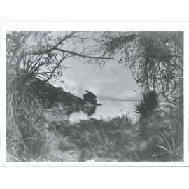 "Winter On the Hawea Lake. The neck (The dividing strip of land between the Hawea and Wanaka) & Mount Aspiring in the distance