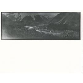Suspension Bridge  Face of Mueller glacier in middle left hand with start of Mueller running into Hooker. Stocking glacier with