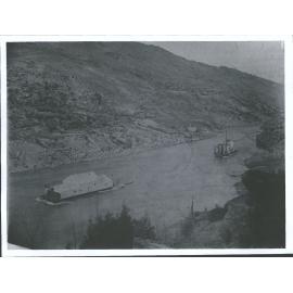 Alexandra - Gold dredges at work in the Clutha River below the town