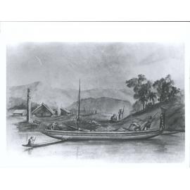 "Photo of Copy, by A. T. Downes, of one of Gilfillian Pencil Sketches of a canoe on Whanganui River