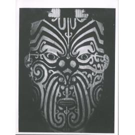 head on the ceiling inside meeting house at Ruatahuna.