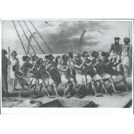 Baie Houa-Houa.  Naturels executant une danse a bord de l'Astrolabe.