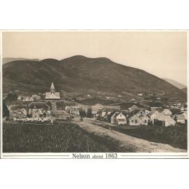 Trafalgar St, Nelson NZ, about 1863, looking south to the intersection with Bridge St. The original cathedral stands on Church H