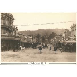Trafalgar St, Nelson NZ, in 1913, looking south from the intersection with Bridge St to the second cathedral.