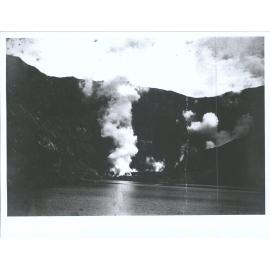 "Column of vapour at the burning crater and sulphur lake of White Island."