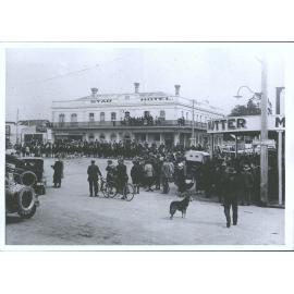 A large gathering outside the Star Hotel, Tauranga