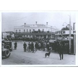 A large gathering outside the Star Hotel, Tauranga