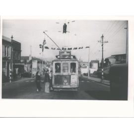 Tram in Caversham, Dunedin during Royal Visit, January 1954