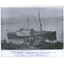 P.S. Antrim disembarking passengers at Elfin Bay, Lake Wakatipu