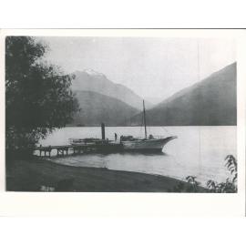 The Charming Mountain & Lake Scenery of Otago: Mr Allan's (S.S. Makarora) at the wharf, head of Lake Wanaka