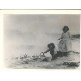 Maori women heating water in hot pool