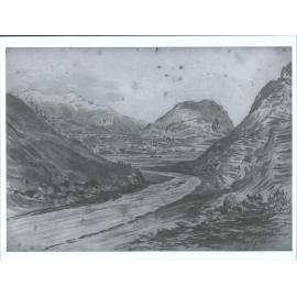copy photo of original water colour "Arrowtown from the Arrow, 1882"