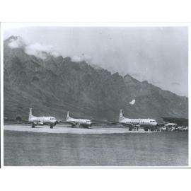 Mount Cook Airlines fleet of three Hawker Siddeley 748 aircraft at Queenstown Airport