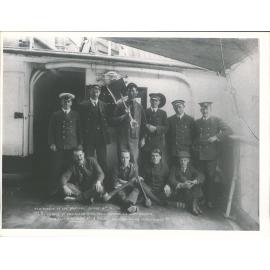Waikare, wrecked Dusky Sound 4-1-10. Group of Engineers with Will Harper as Chief Stoker. Taken Just before vessel struck