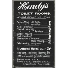 "Hendy's Toilet Rooms. Revised charges for ladies."