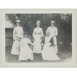 Five staff members at the Rock and Pillar sanitorium: Nurse Shaw, Nurse Innes (?), Mrs Clingin, Dr Collier, and Matron McKinley