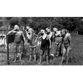 Girls brushing teeth at Health Camp