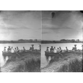 Alex McGeorge rowing nine people in boat, early Karitane