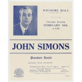 Programme for John Simons pianoforte recital, Wigmore Hall, London, 10 February
