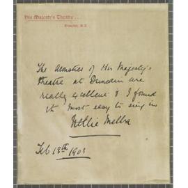 Testimonial from Nellie Melba praising the acoustics of His Majesty's Theatre, Dunedin
