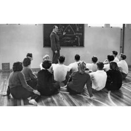 'The Director [Philip Smithells] lecturing on Somatotyping, Muir School of Physical Education'