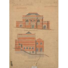 No. 668. Dunedin Public Library, plans for library, Moray Place, Dunedin, Crichton & McKay architects. Front and side elevation plans.
