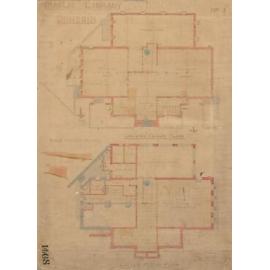 No. 668. Dunedin Public Library, plans for library, Moray Place, Dunedin, Crichton & McKay architects. Ground and lower floor plans.