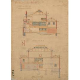 No. 668. Dunedin Public Library, plans for library, Moray Place, Dunedin, Crichton & McKay architects. Cross section plans.