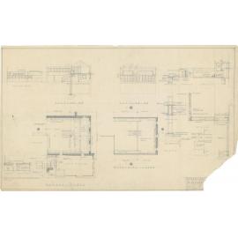 No. 668. Dunedin Public Library, plans for alterations and proposed extensions to library, Moray Place, Dunedin. Section, ground floor, mezzanine, and detail plan.