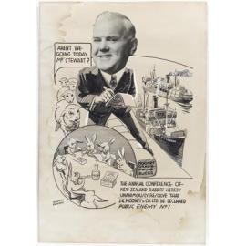 Cartoon by Russell Clark, depicting George Stewart on a wharf and astride bales of rabbit skins