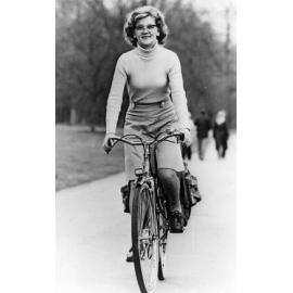Louise Sutherland riding a bicycle 'Practicing for cycling in the Amazon jungle'