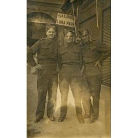 Three soldiers beside saloon, Luna Park