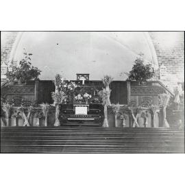 Interior of Mosgiel Presbyterian Church, harvest thanksgiving display