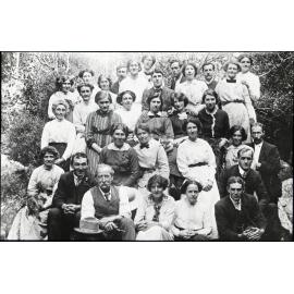 Unidentified group in outdoor setting, possibly associated with Mosgiel Presbyterian Church