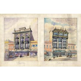 Perspective drawings of proposed building for the Dresden Pianoforte Agency and Manufacturing Company Limited, Princes Street, Dunedin. Salmond & Vanes architects.