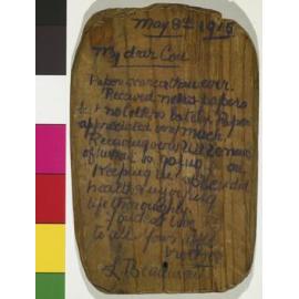 Letter on wood from Llewellyn Beaumont, to his sister Constance Beaumont