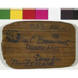 Letter on wood from Llewellyn Beaumont, to his sister Constance Beaumont