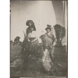 Three girls on tree stump