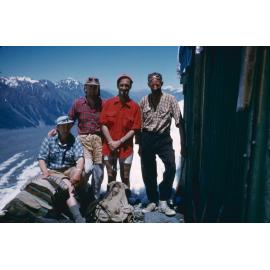 'Haast Hut Dec 1956, LRH, Stewart, Rhodda & Len'