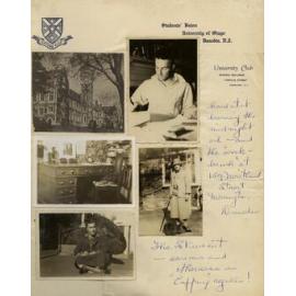 Scrapbook page with five photographs, two showing Ernie Webber cross-dressing