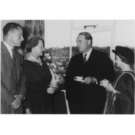 Official opening of Studholme Hall, showing Mr and Mrs Studholme, Viscount Cobham, and Professor Elizabeth Gregory