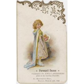 Dance card for 'Farewell Dance Tendered to Dr Emily Seideberg [sic] prior to her leaving Dunedin. St Matthew's Hall, Friday, March 13th, 1896' 