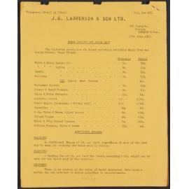 Price list, J.G. Laurenson & Son Ltd