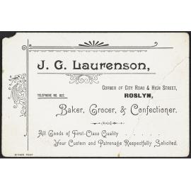Business card for J.G. Laurenson, 'Baker, Grocer, & Confectioner'