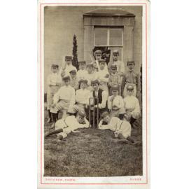 Cricket team at Duns, Scotland, with William Dawson at the back on the right holding a bat